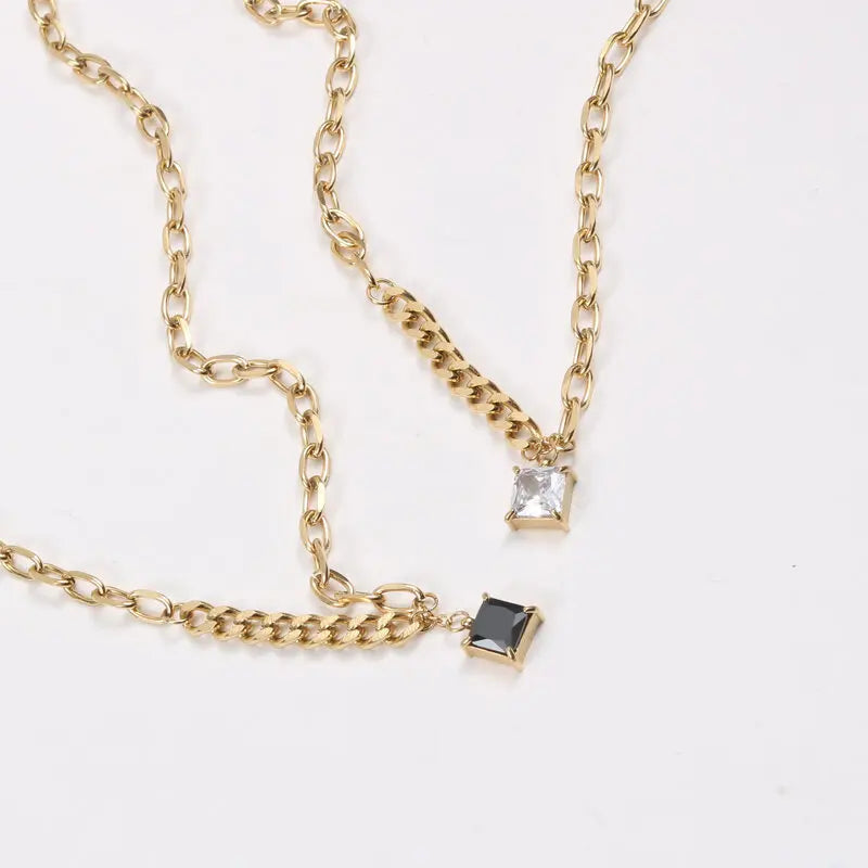 Joolim Classic Link Chain Square Black & White Zirconia Pendant  Stainless Steel Necklace Jewelry Wholesale