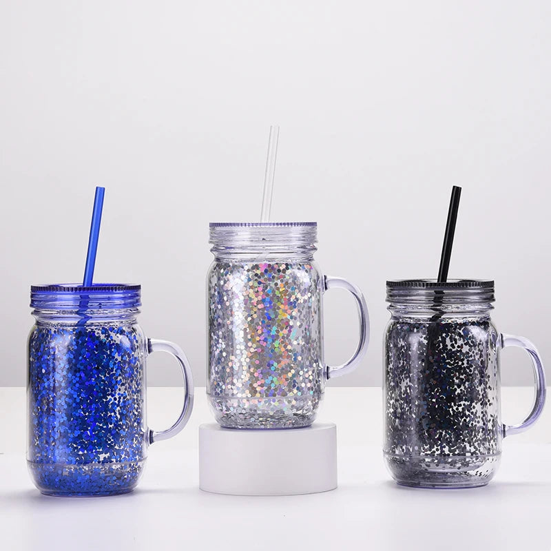 New 20oz Double-Layer Plastic Transparent Mason Bottle for Home & Office Christmas Present Cup with Straw Portable Rooster Cup