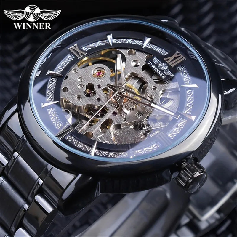 Winner Stainless Steel Black Automatic Watch for Men Waterproof Transparent Skeleton Mechanical Mens Watches Luxury Man Wrist