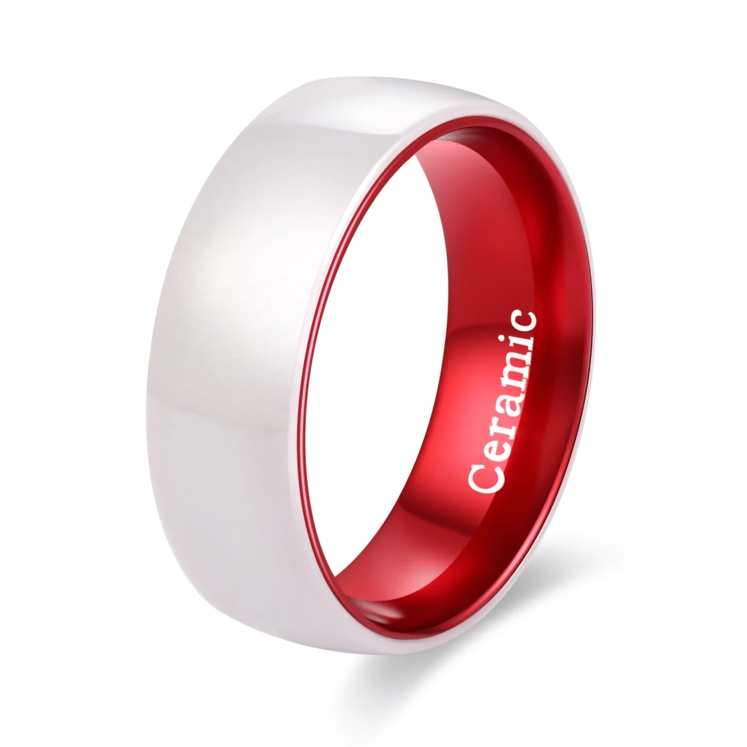 POYA Wholesale Red Ceramic Ring Jewelry With Anodized Aluminum Sleeve Inlay 8mm Domed Wedding Band