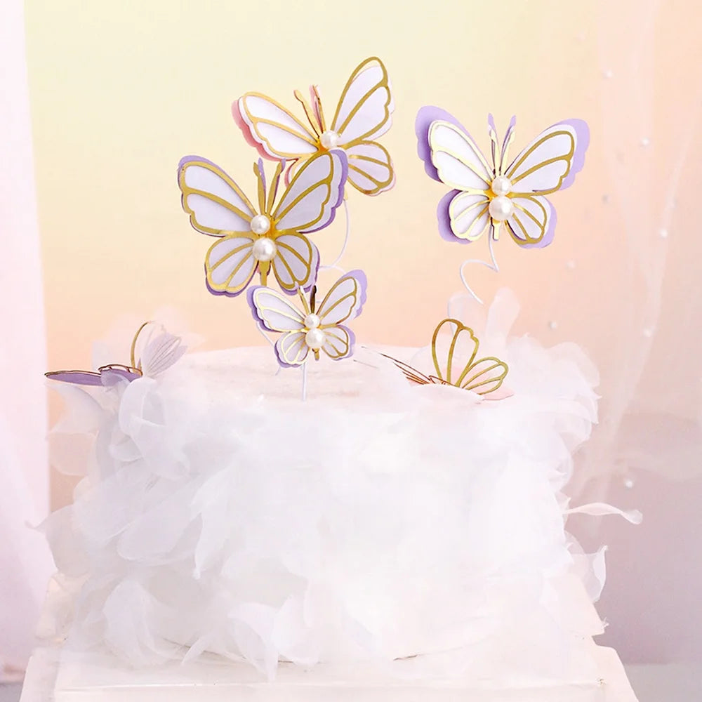 3 Pcs/Pack Pearl Butterfly Paper Cake Topper Cupcake Decoration Set for Wedding Birthday Party Cake Toppers
