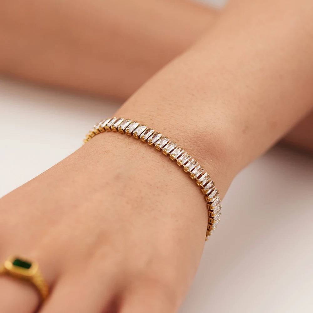 Luxury 18k Gold Plated Stainless Steel CZ Bracelet Jewelry Full White Cubic Zirconia Rectangle Women Bracelet