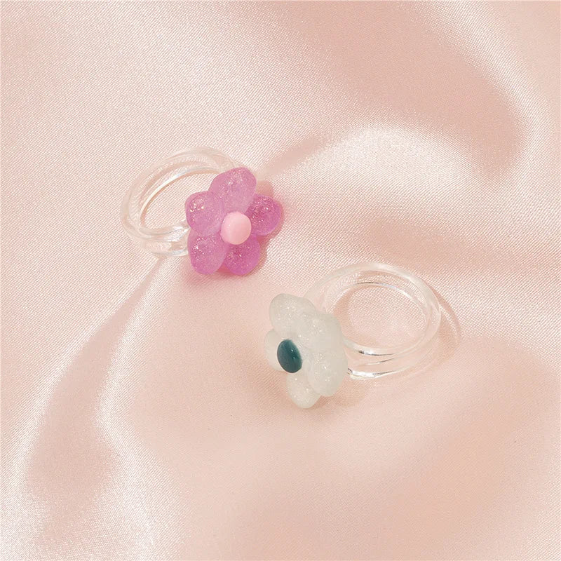 Trendy Flower Resin Rings Vintage Transparent Acrylic White Pink Ring INS Colorful Cute Chunky Fashion Korean Jewelry 2025