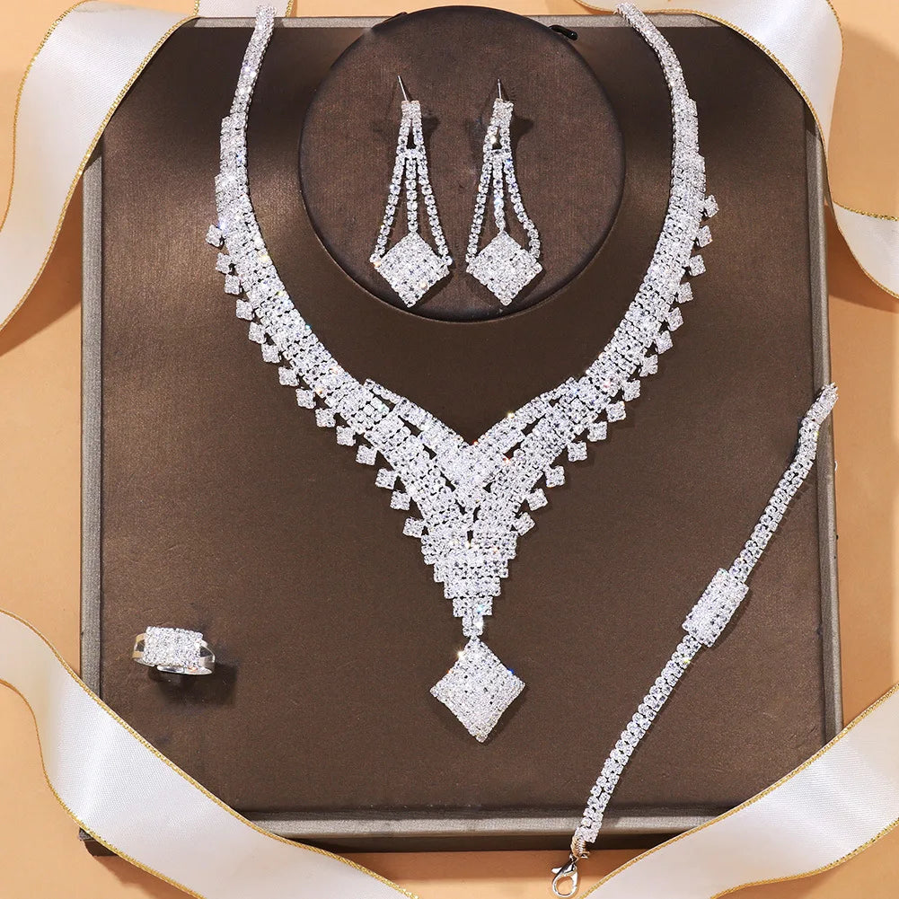 Hot Selling Wedding V-shaped Necklace Diamond-shaped Zircon Pendant Necklace Earrings Ring Bracelet Jewelry Set for Women