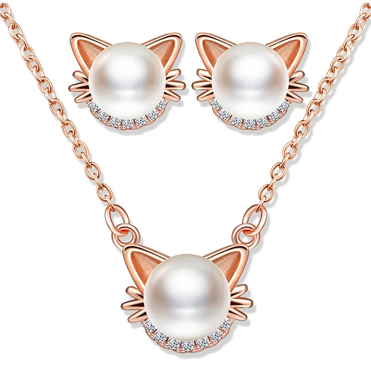 Kids Stud Earrings Necklaces Set Fashion Cat Jewellery Sets