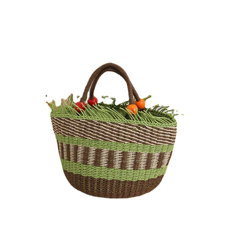 2024 Wholesale Summer Large Paper Straw Tote Handbag Wood Handle Straw Beach Bags for Women