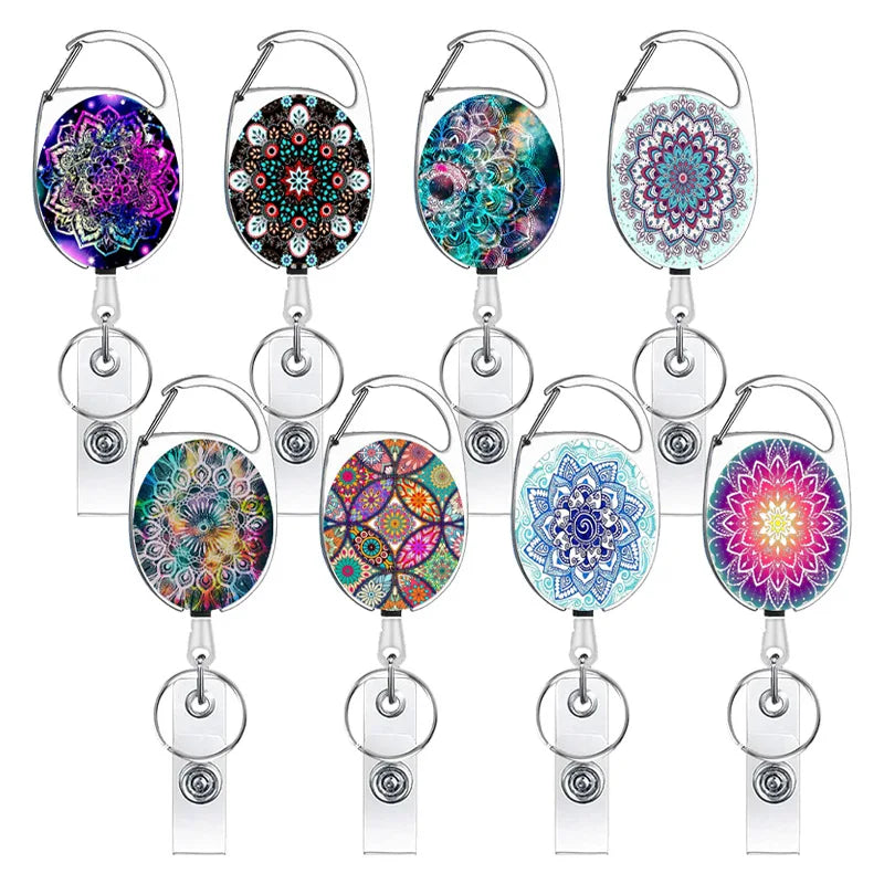 Oval White Zinc Alloy Starry Sky Mandala ID Card Badge Buckle with Retractable Nurse Badge Scroll Keychain