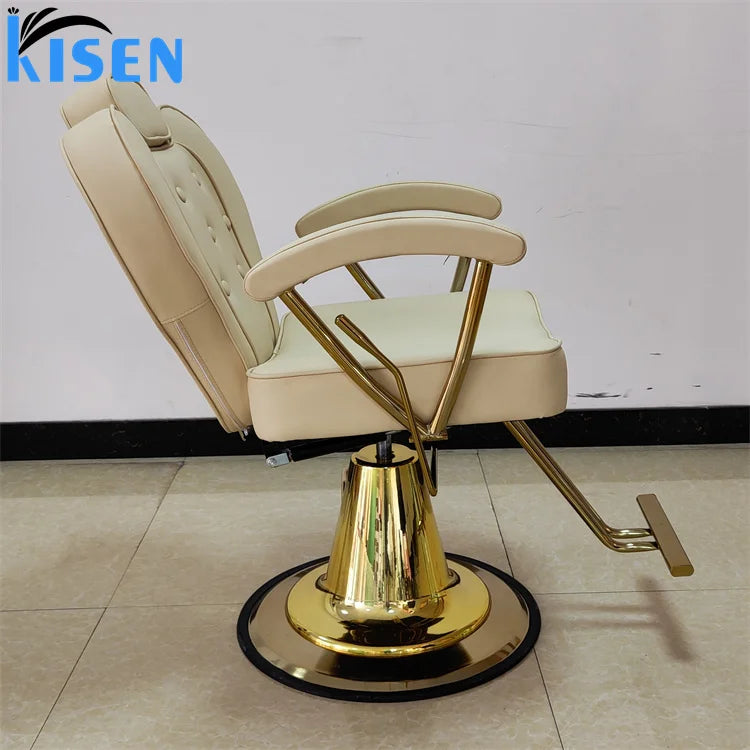 Kisen Reclining Hairdressing Chairs Cream Beige Color with Gold Base Hair Style Writer Beauty Salon Barber Chairs Fast Delivery