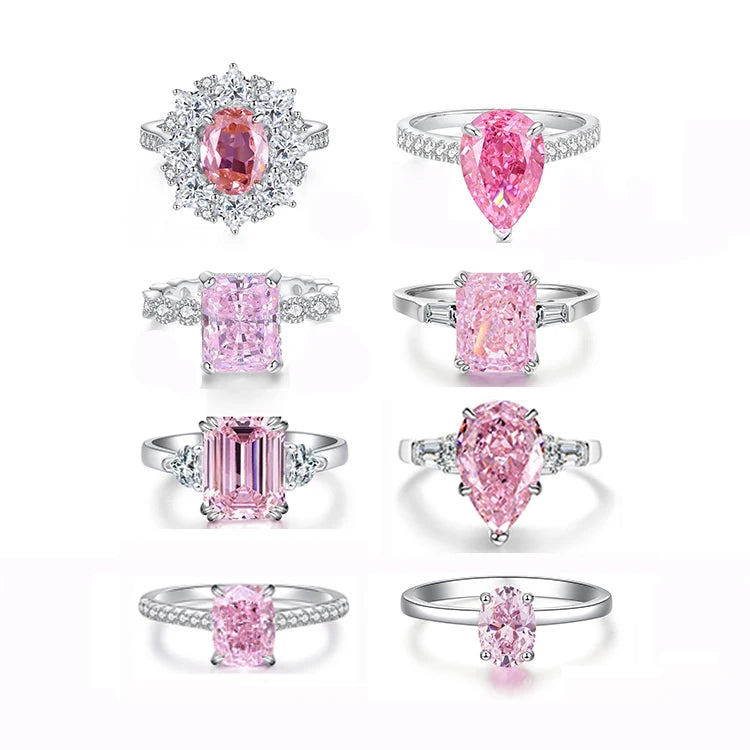 Bling Jewelry Women's 925 Sterling Silver Ring Luxury 8A Lovely Heart Pear Oval Ice Cut Gemstone Rhodium Pink Ring Set Wedding