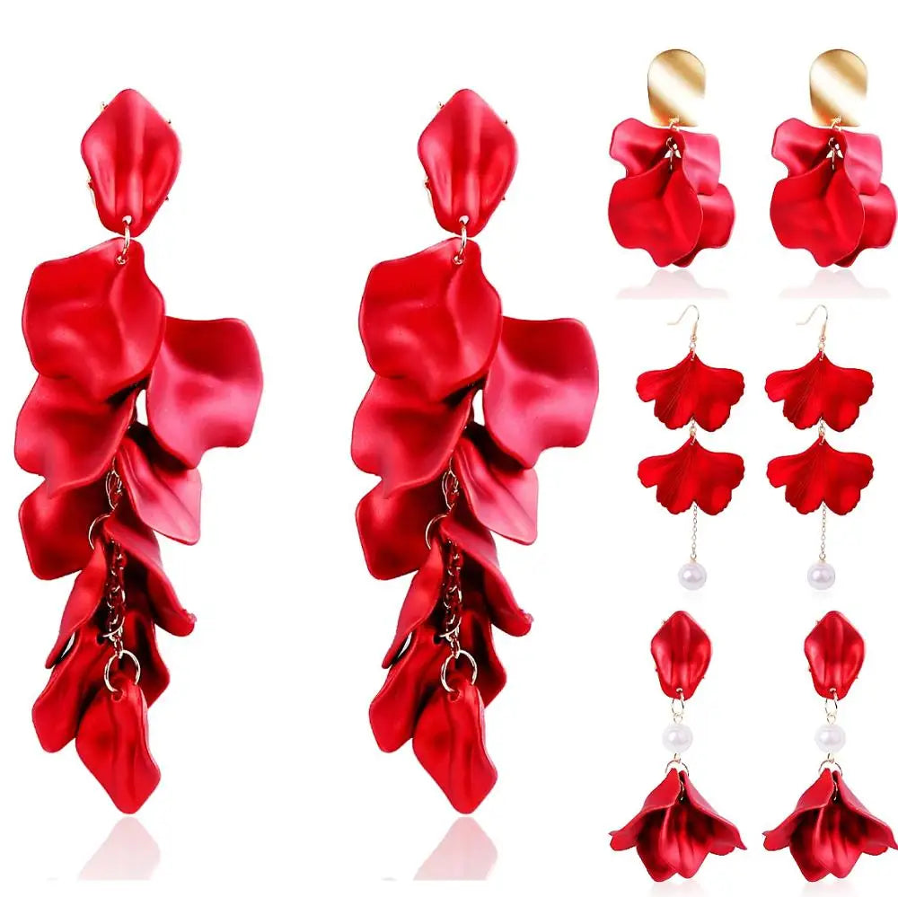 HOVANCI Large Statement Red Resin Maple Leaf Floral Petal Dangle Earrings Long Acrylic Rose Flower Earrings for Bridal Wedding