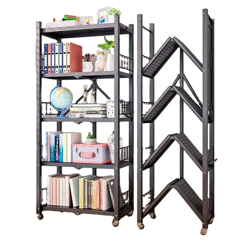 Multifunctional Movable Foldable Kitchen and Office Rack Black Metal Rotating Storage Holders for Books Reading Room Kitchen