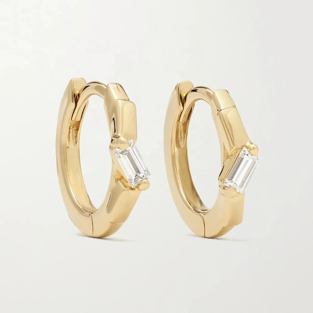 LOZRUNVE 925 Sterling Silver Delicate Dainty Baguette Solitaire Pierced Huggie Hoop Earring 18k Gold