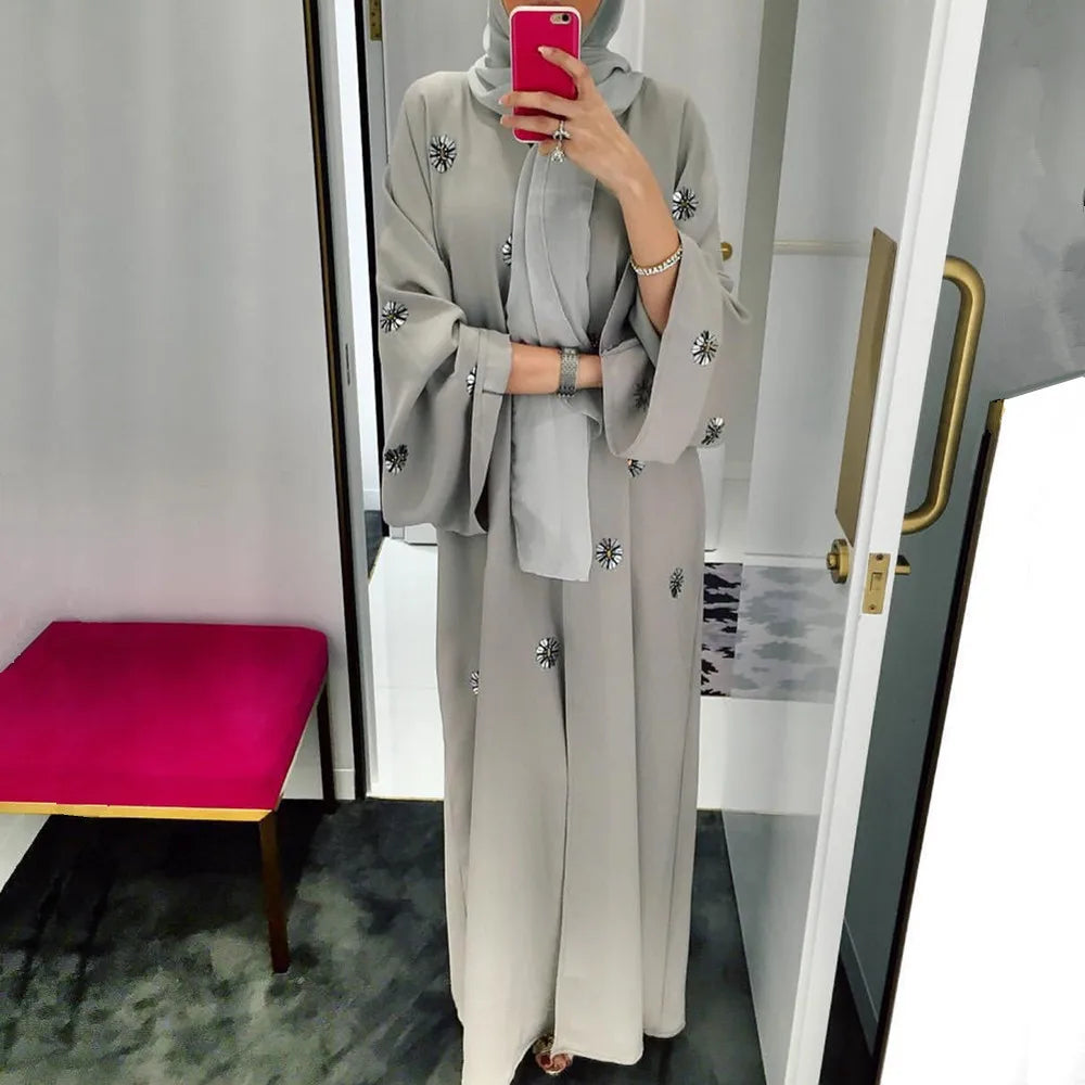 Party Dress Embroidered Bead Islamic Muslim Clothing Abaya Pakistan Front Open Kaftan Abaya Long Dress for Eid Mubarak
