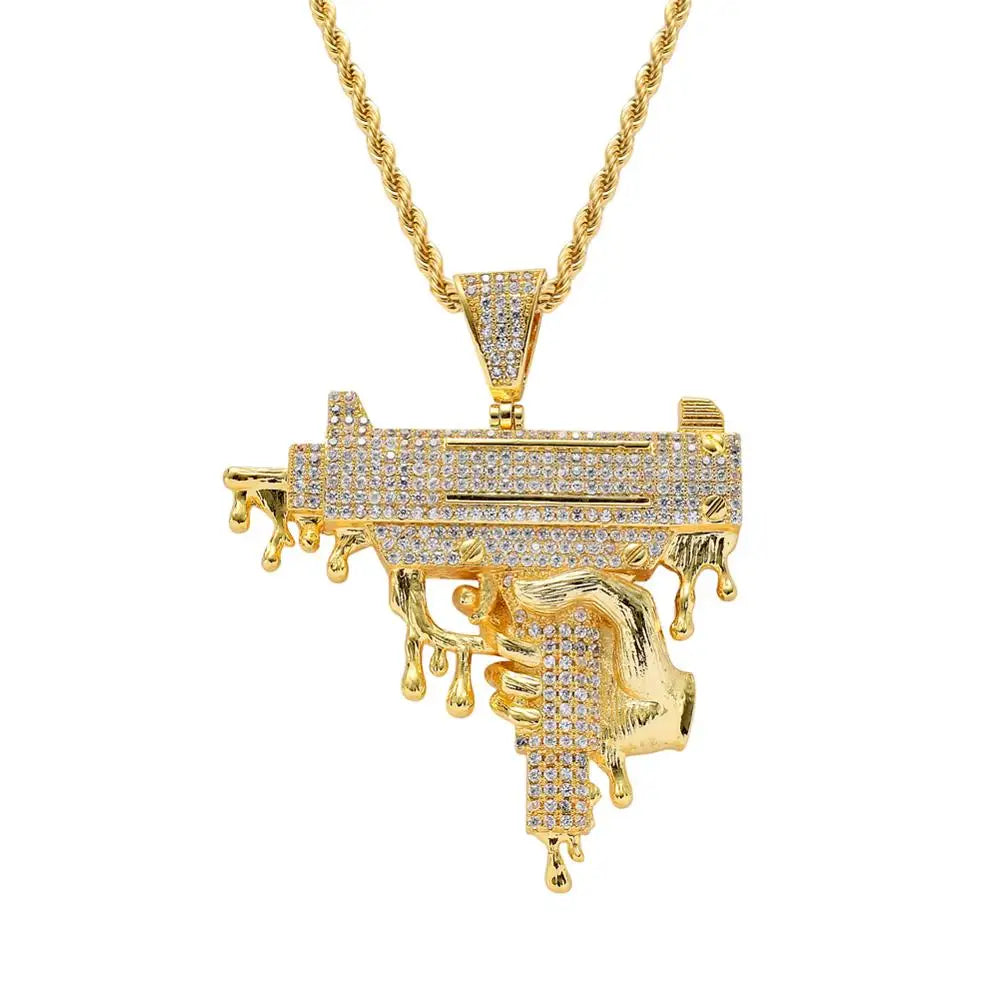 CN140 Gold Plated Brass CZ Iced Rope Chain Men's Hip Hop  Pendant Necklace Party Gift