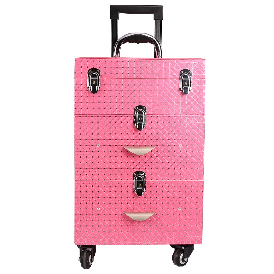 Leather Fashion Trolley Cosmetic Case with Universal Wheels Professional Travel Makeup Box