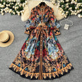 LW0989 Fashion Printed Stand Collar Lantern Sleeve Single Breasted Waist Lace-Up Long Court Style Dress Ladies Clothes