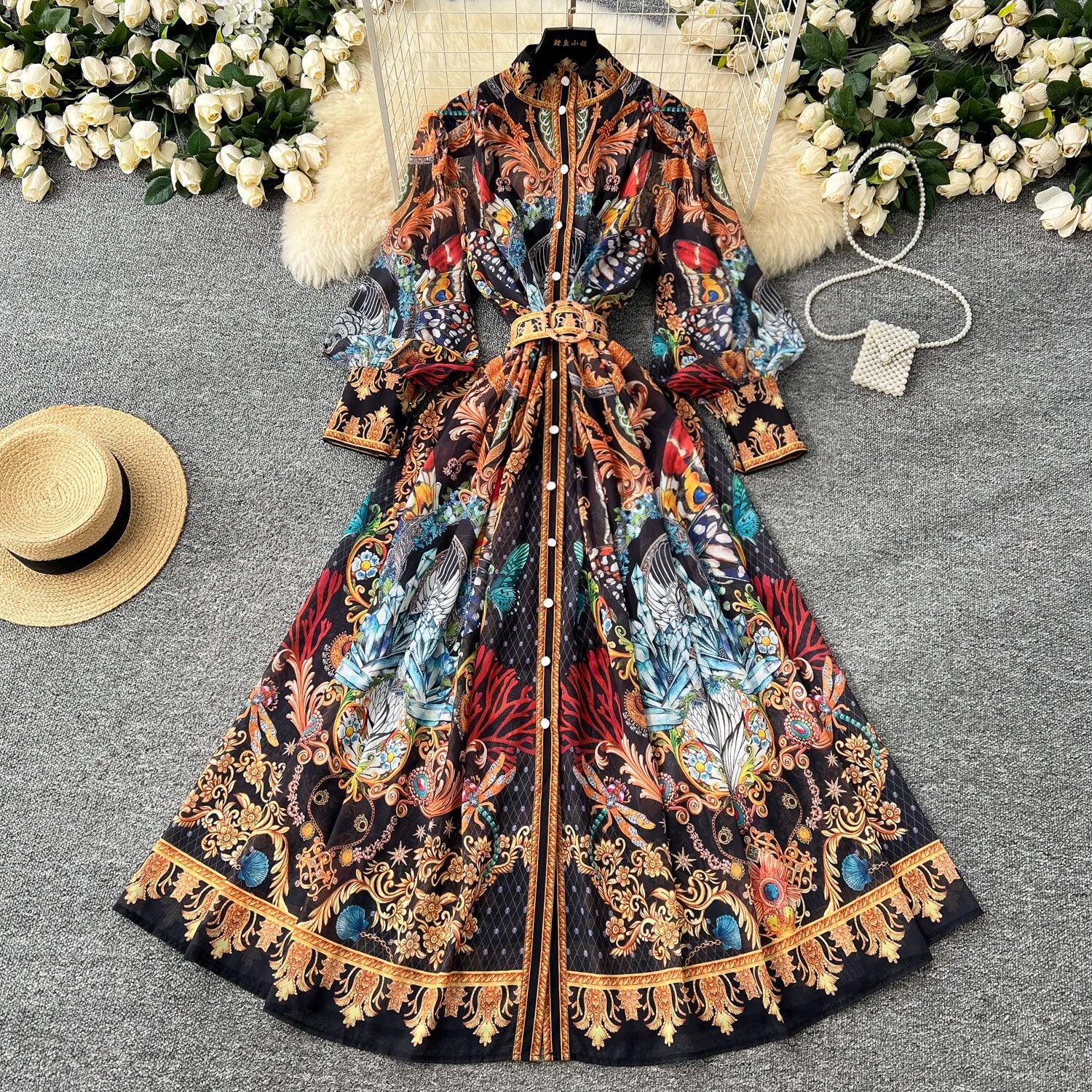 LW0989 Fashion Printed Stand Collar Lantern Sleeve Single Breasted Waist Lace-Up Long Court Style Dress Ladies Clothes