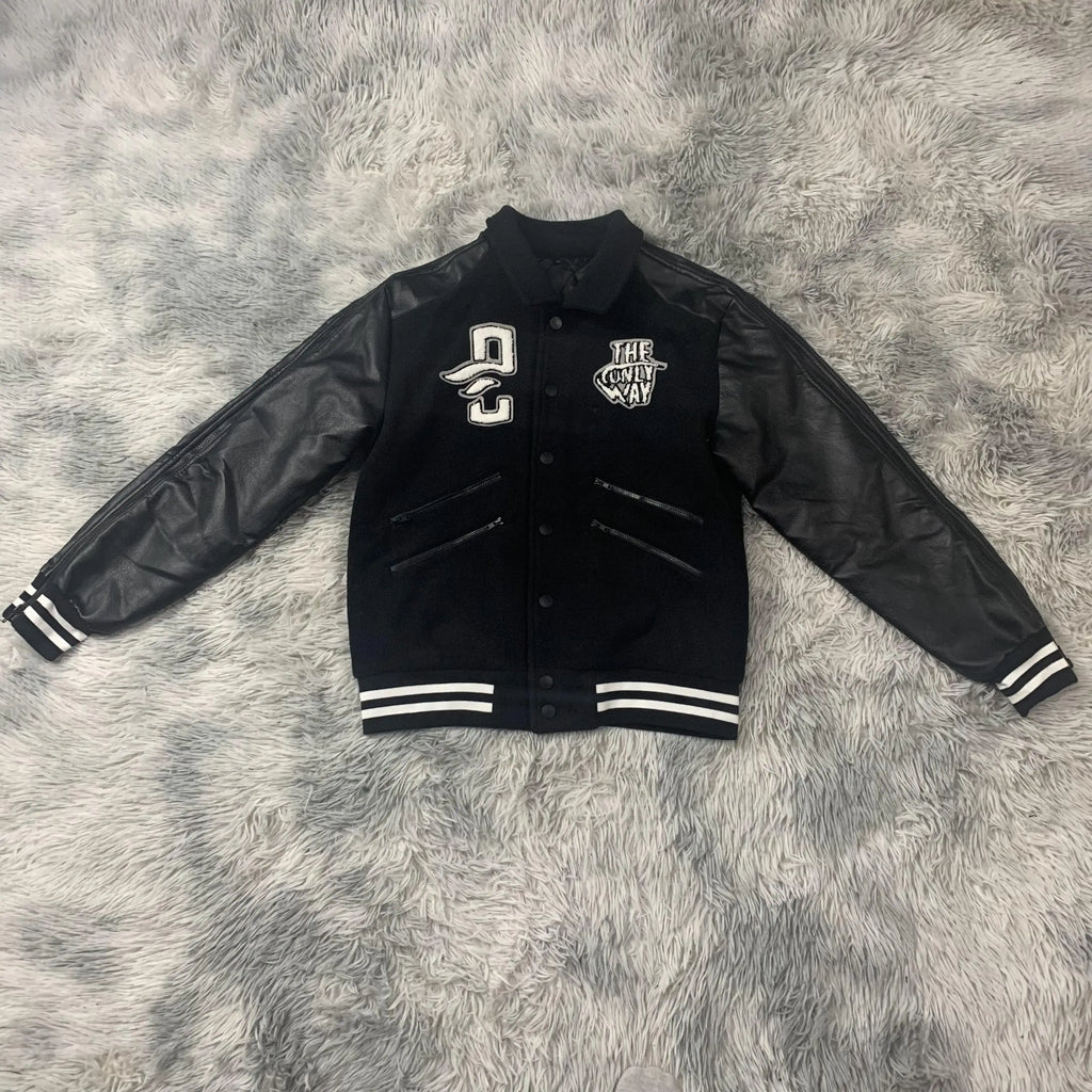 DENIMGUYS Mens School Collage Baseball Letterman Jacket Custom Towel Embroidery Leather Sleeves Varsity Jacket Men
