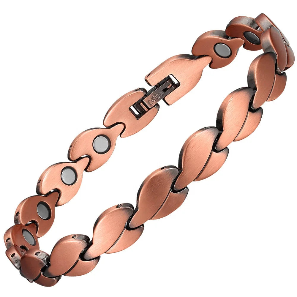 BioMagnetic Jewelry Ajustable India Antique Copper Link Olive Leaf Magnetic Bangle Bracelet for Blood Pressure