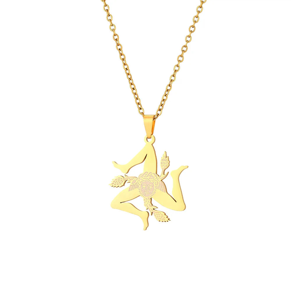 Men's and Women's Unisex Italy Sicily Trinacria Design Sign Stainless Steel Pendant Jewelry Clavicle Chain Necklace