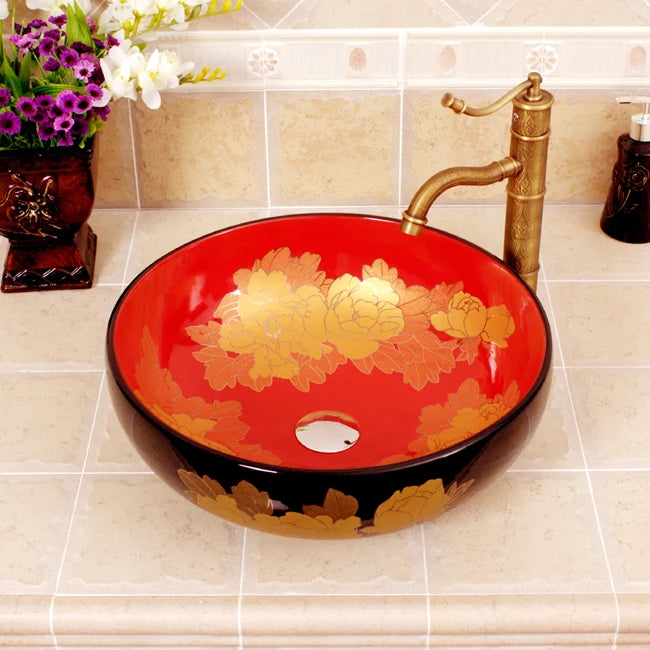 Rose Pattern Art Blue and White Porcelain Ceramic Wash Basin for Bathroom Sink