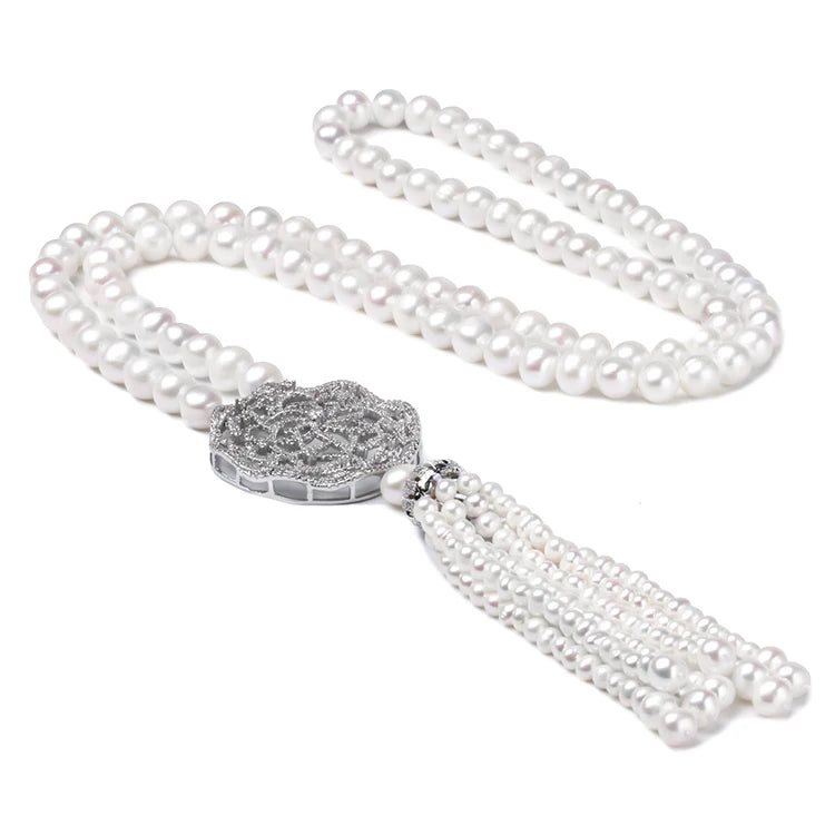 Certified Double C Oversize Pearl Bead Cluster Flower Round Buckle Sweater Chainnecklace
