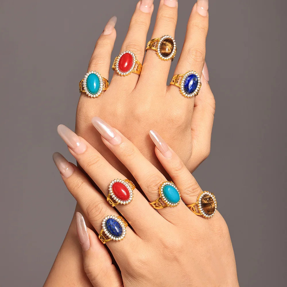 Vintage 18K Gold Plated Fashion Waterproof Stainless Steel Natural Stone Open Adjustable Lapis Lazuli Stone Rings