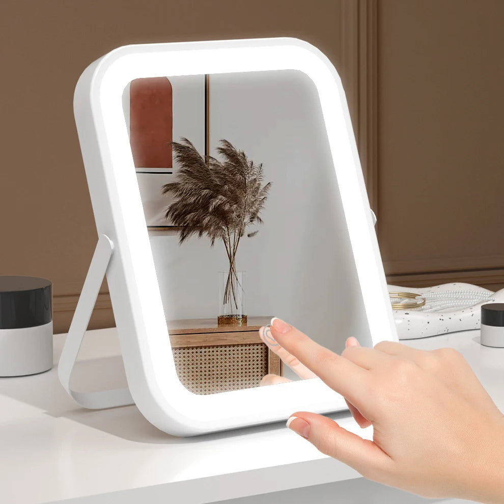 Zonyin White Square LED Light Cosmetic Mirror Desktop Table Vanity Mirror 3 Light Color Portable Travel Makeup Mirror for Women