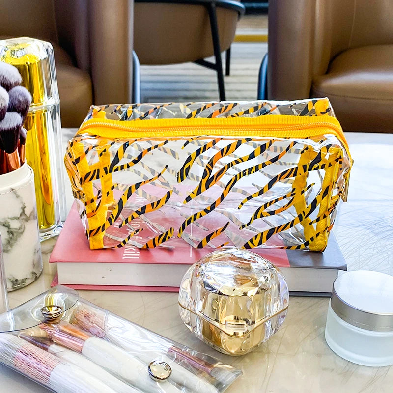 Fashionable Color Leopard Patterned Yellow Leopard Print PVC Makeup Bag - Waterproof Cosmetic Pouch 20x9x10cm for Women & Men