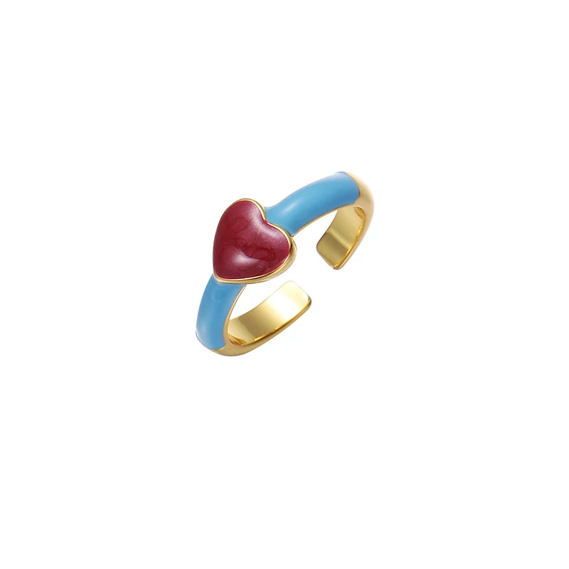 Trendy Cute Heart Shaped Gold Plated Handmade Oil Drop Finger Ring Sweet Y2K Jewelry Enamel Ring for Women Girls