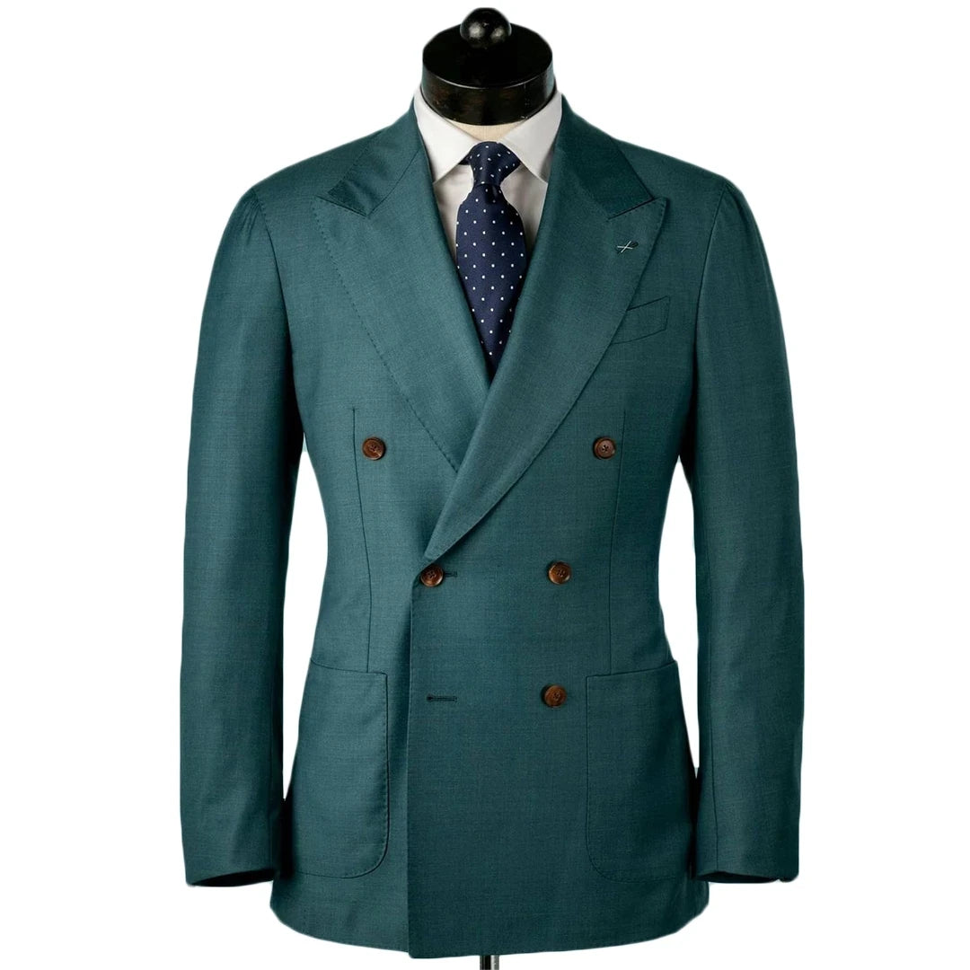 Fashion Green Men Tuxedos Custom Made Peaked Lapel Blazer Double Breasted Office Party Prom Wear Set Formal Jacket and Pant