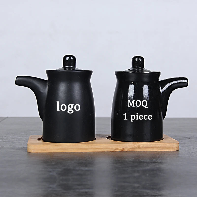 Black Kitchen Porcelain Olive Oil Vinegar Bottle Soy Sauce Seasoning Pot Cooking Tools Storage Bottle Lid Food Grade Gravy Boats