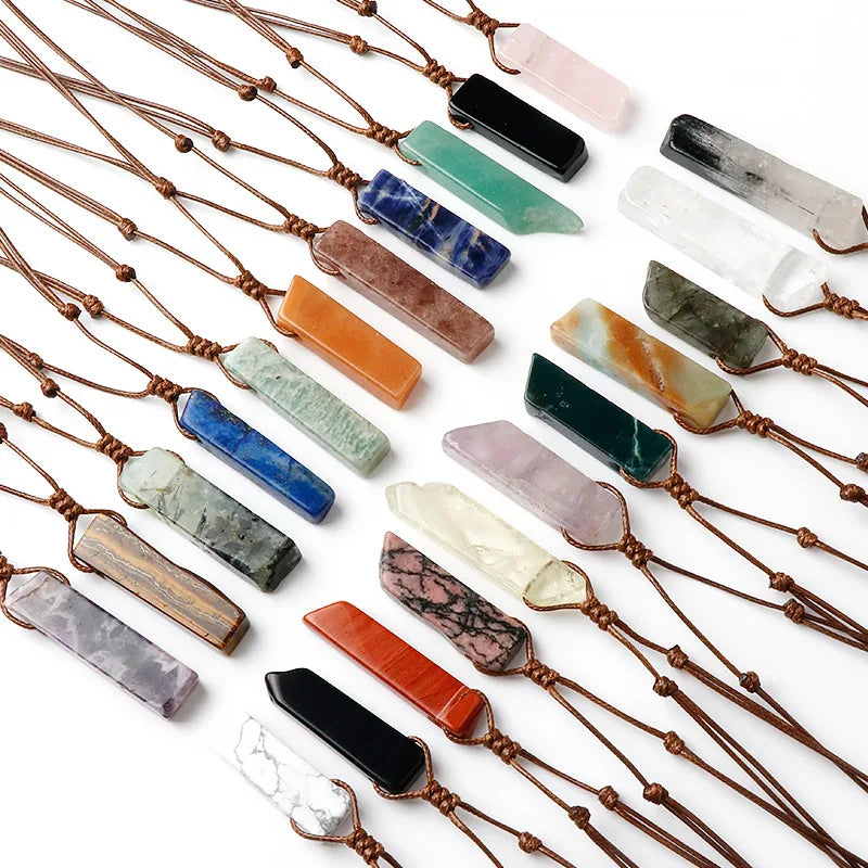 Healing Stone Spiritual Pendant Gemstone Rose Quartz Amethyst Amazonite Natural Stone Irregular Bar Crystal Stone Necklace