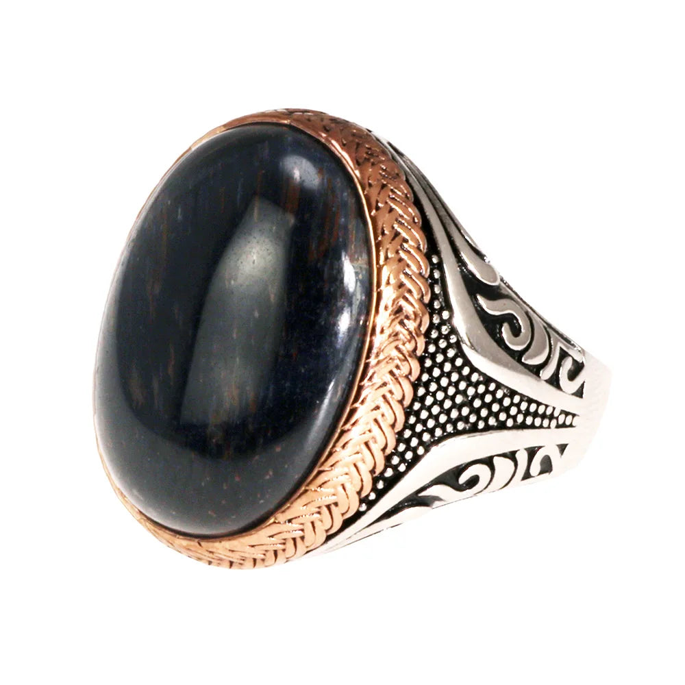 Islamic Religious Muslim Ring for Men 925 Sterling Silver Turkish Double Swords Natural Blue Tiger Eye Punk Wholesale Jewelry