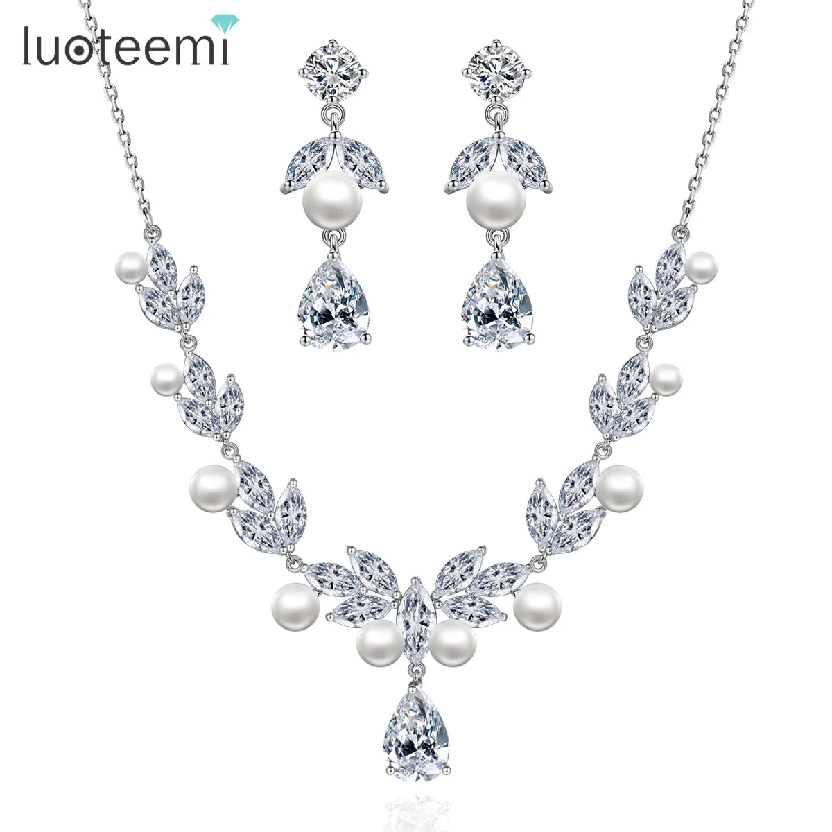 LUOTEEMI Charm Leaf Design Imitation Pearl Bohemian Trending Bling Earrings and Necklace for Woman Fashion Jewelry Set