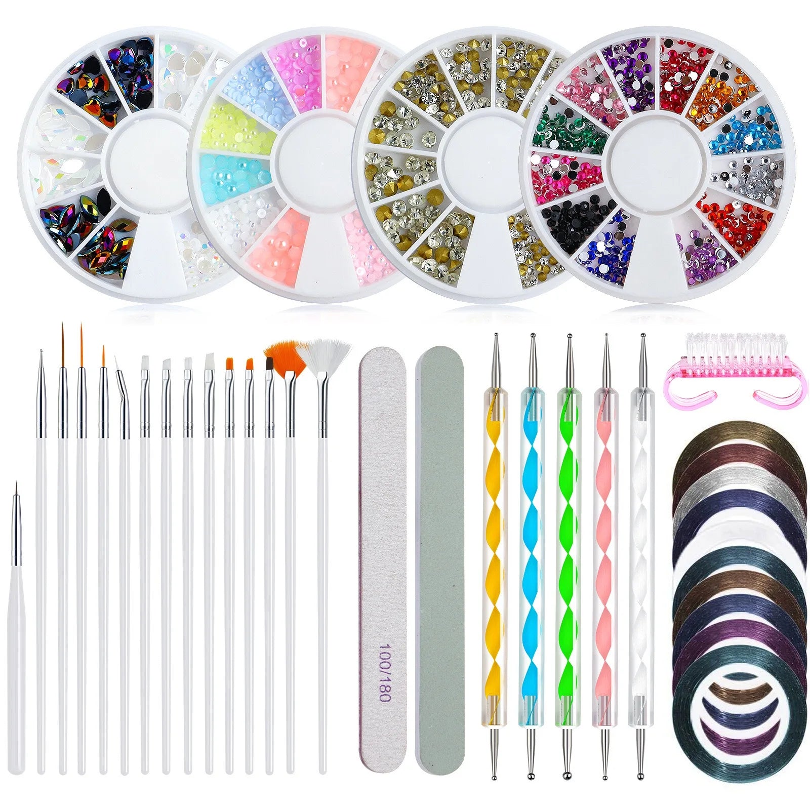 Color Tape Nail Art Brush Dotting Pen Set Plastic and Acrylic Manicure File with Rhinestones Decoration for Nail Salon