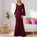 Elegant V-Neck Wrap Hip Sequin Printed Dress for Women European American Style XL Size Mid Waist Flare Sleeves Long Dress