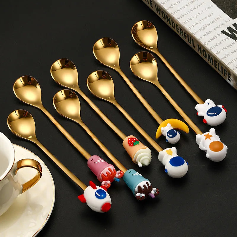 Pilot Action Figure Stainless Steel Spoon Astronaut Dessert Spoon New Q Version Coffee Spoon Cartoon Fork Gift Box Set