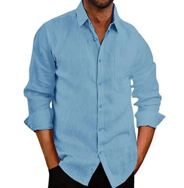 New Hot Lapel Collar Solid Color Blouse Tops Long Sleeved Buttoned Men's Linen Shirts Size S-3XL