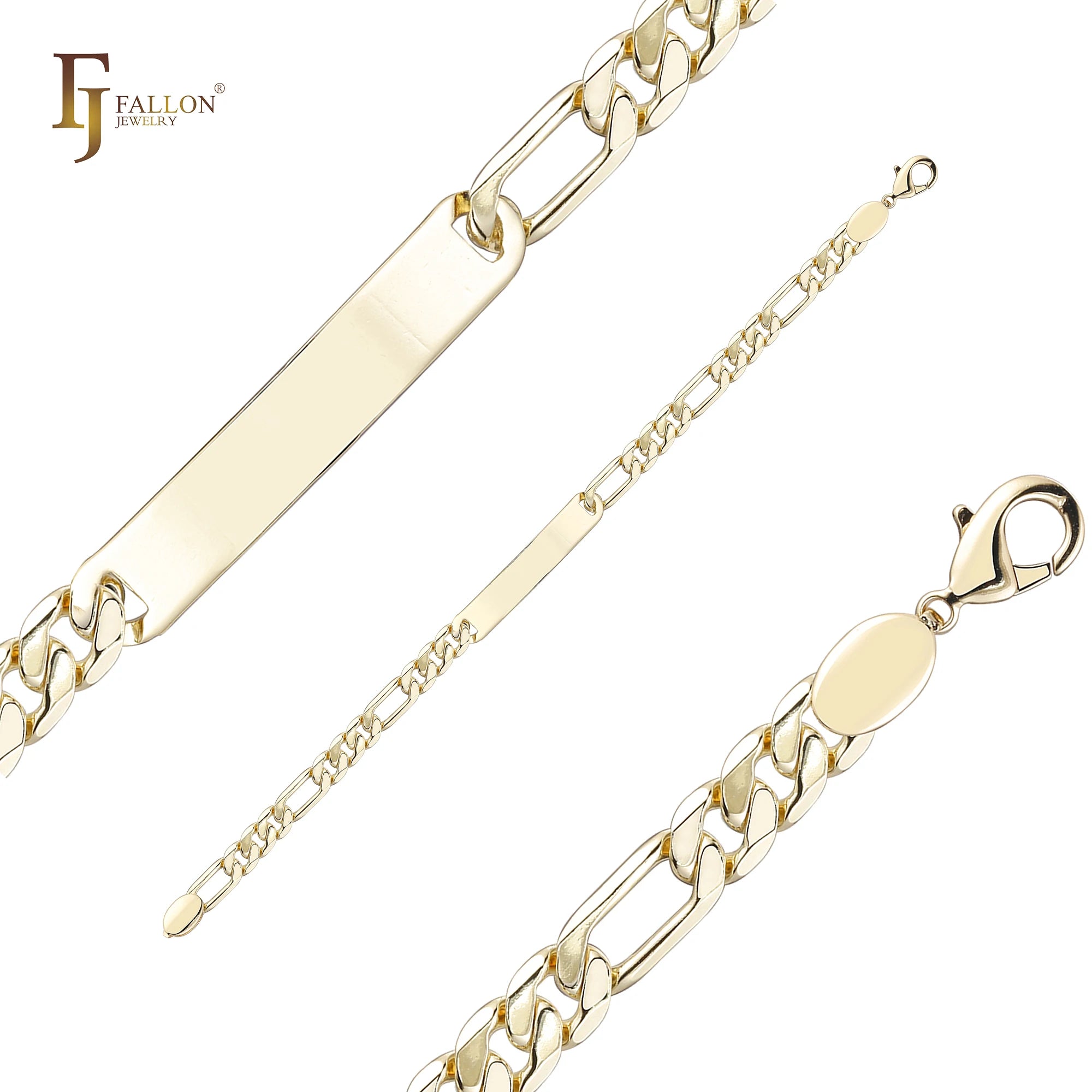 7mm FJ Fallon Fashion Jewelry Three Patterns Figaro Link Men's ID Bracelets 14K Gold Plated Brass Based