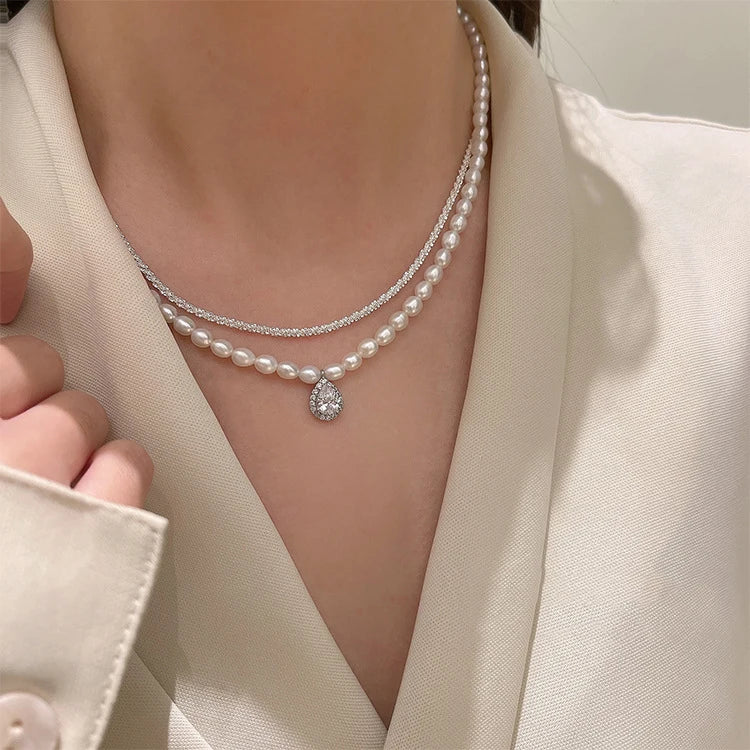 Luxury Vintage Natural Freshwater Pearl Necklace Jewelry Women Shiny Waterdrop Square Zircon Pendant Double Layer Pearl Necklace