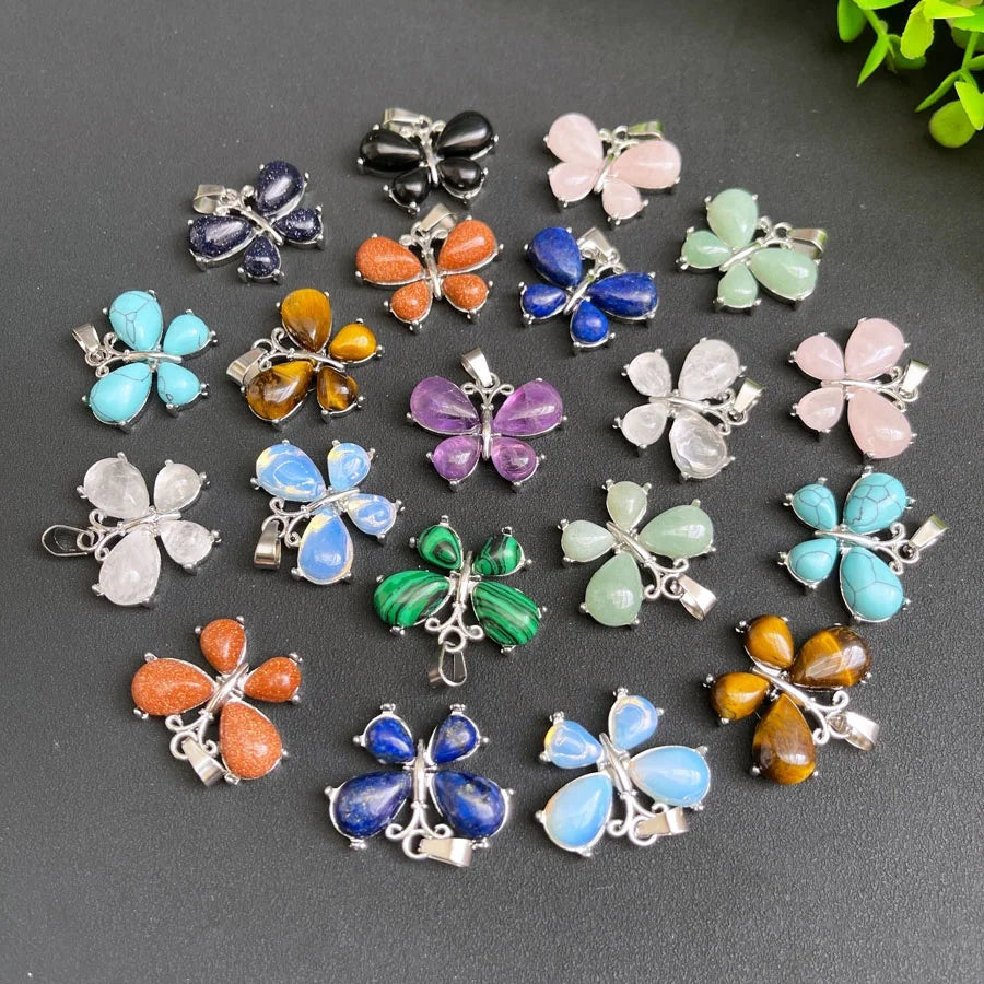 Natural Gemstone Pretty Butterfly Shape Necklace Healing Stones Crystal Pendant for Jewelry Making