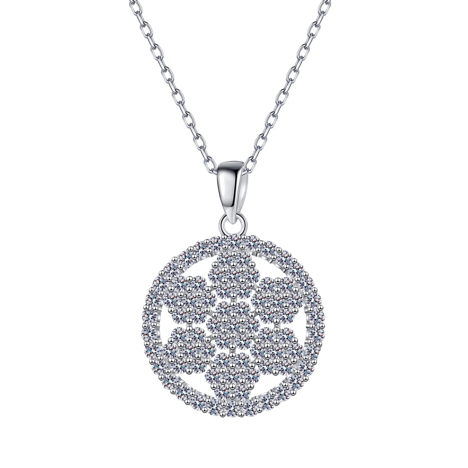 Factory Wholesale Full Iced Out Sparkling Moissanite 925 Sterling Silver Round Flower Trendy Moissanite Necklace
