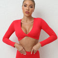 Custom Logo Long Sleeve Crop Top V-neck Sexy Long Sleeved Short Yoga Top Sexy Long Sleeve Yoga Top