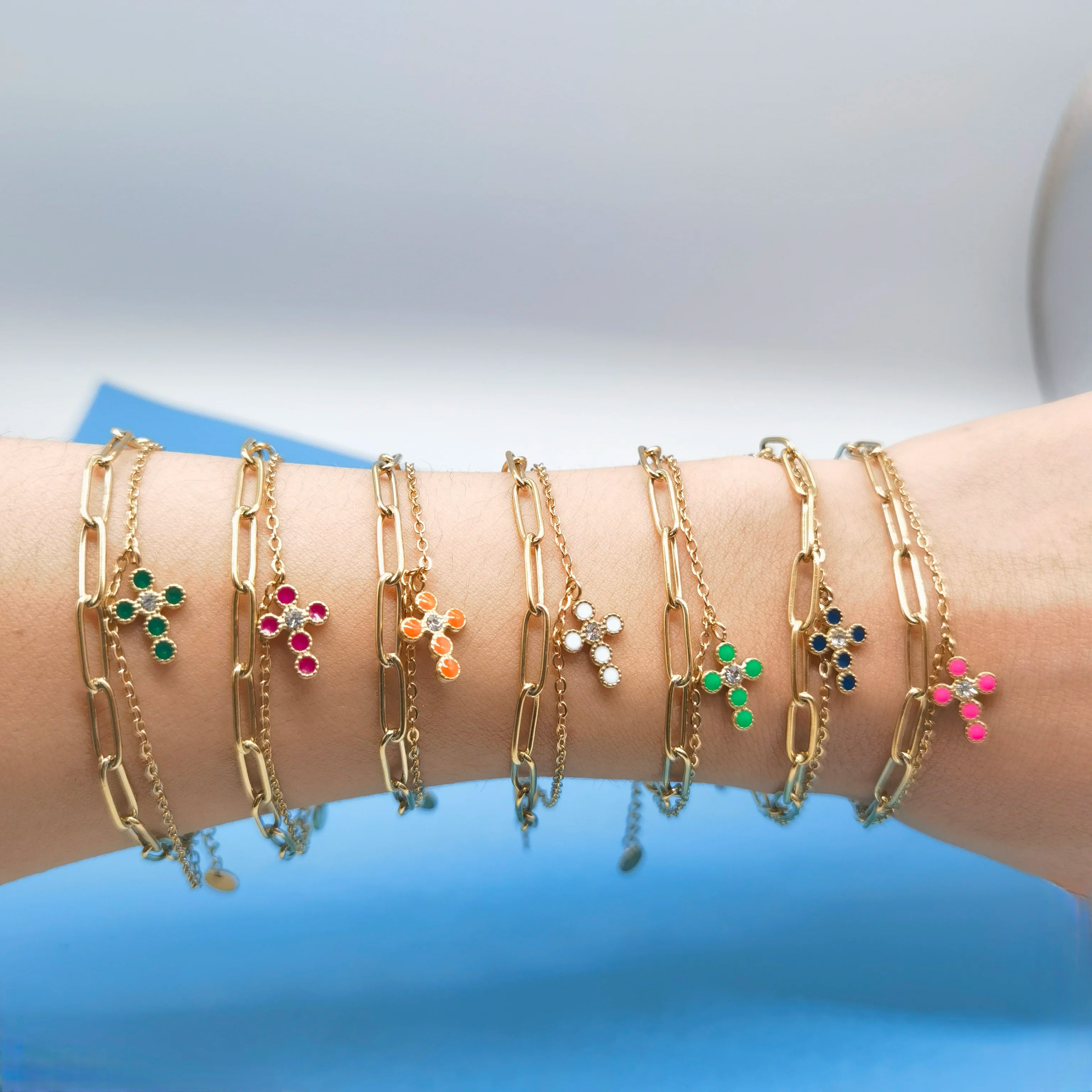 High End 18K Gold Plated Stainless Steel Bracelet Cross  Tarnish Free Jewelry Double-layer Stacked Bracelet Accessory