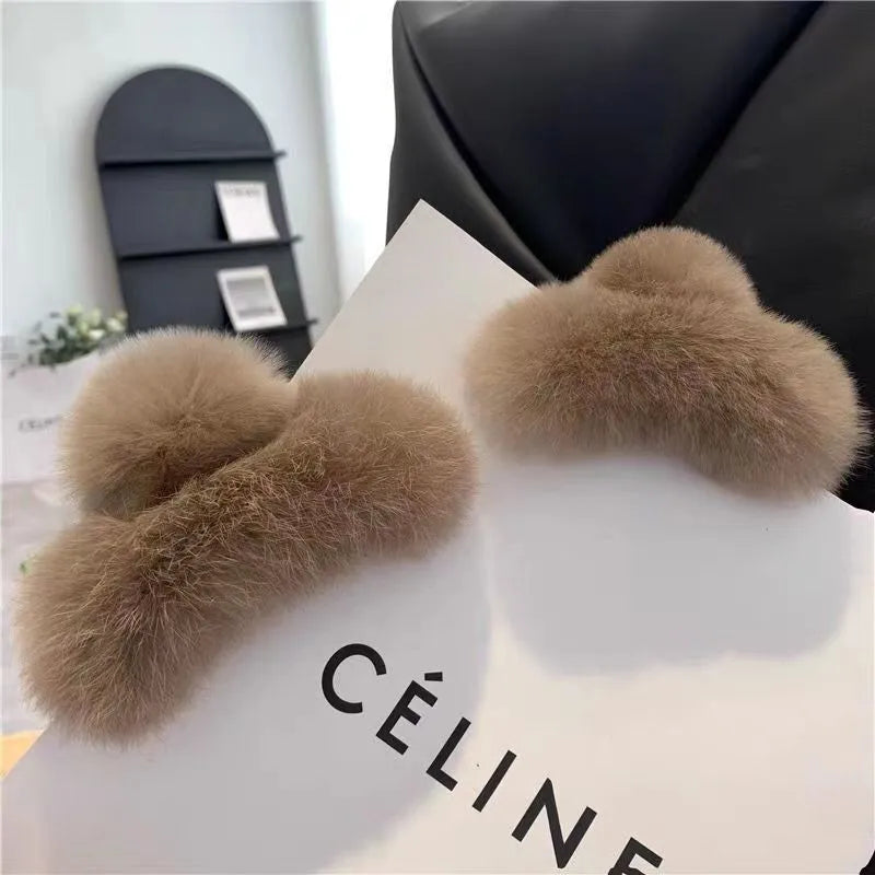 Fashion Women Furry Hair Accessories Elegant Hair Claw Plain Pink Color Rabbit Fur Hair Claw Clips