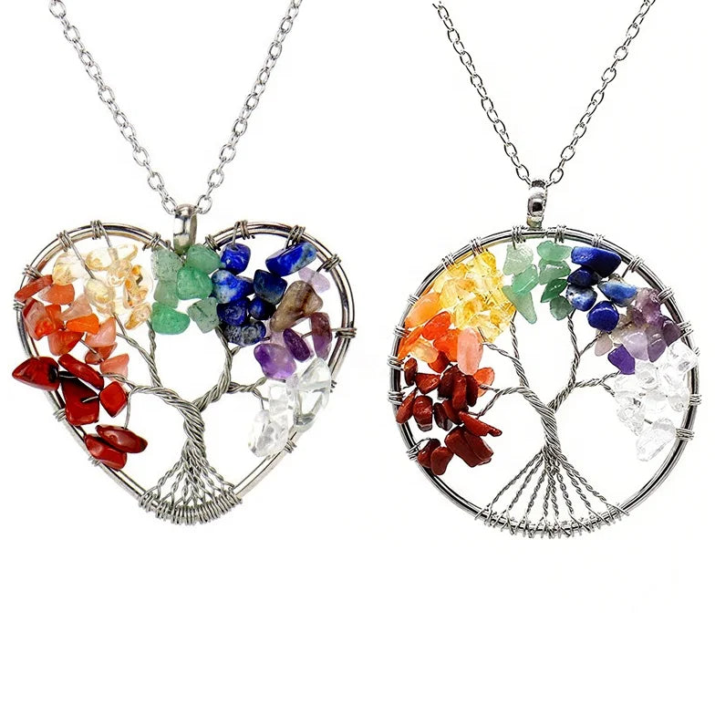 Fashion Handmade Brass Wire Braided Heart Round Natural Stone Tree of Life Pendant 7 Chakra Necklace Jewelry