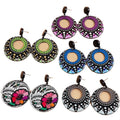 New Design Custom Colorful Geometric Flower Leaf Emboss Print Round Circle Bohemian Acrylic Painting Drop Earrings for Women