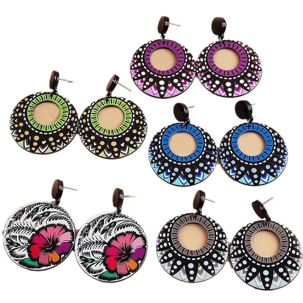 New Design Custom Colorful Geometric Flower Leaf Emboss Print Round Circle Bohemian Acrylic Painting Drop Earrings for Women