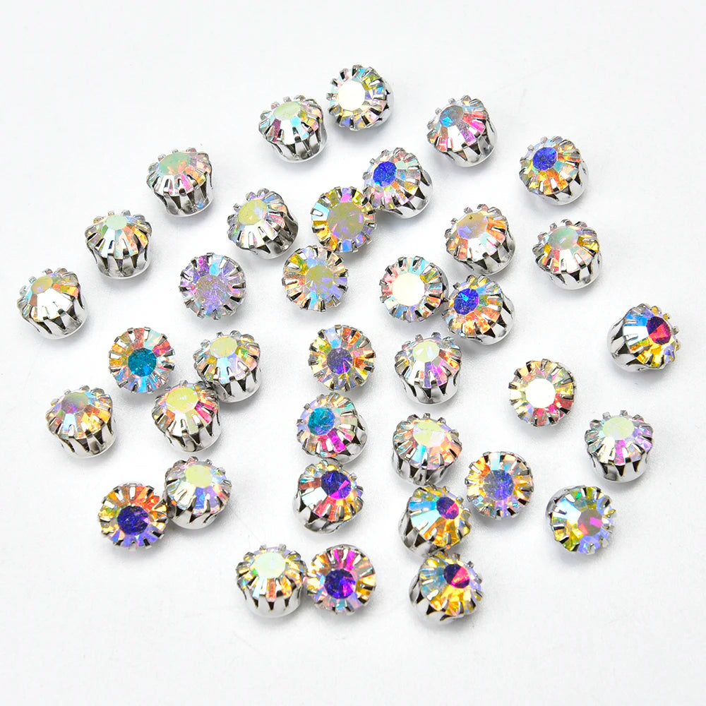 8mm Silver Claw Crystal AB Beads Sew on Round Shape Rhinestone Charms Button DIY Wedding Dress Collar Shoes Accessories